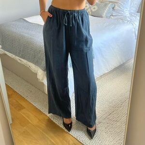 WeWoreWhat Navy Blue Wide-Leg Linen Pants